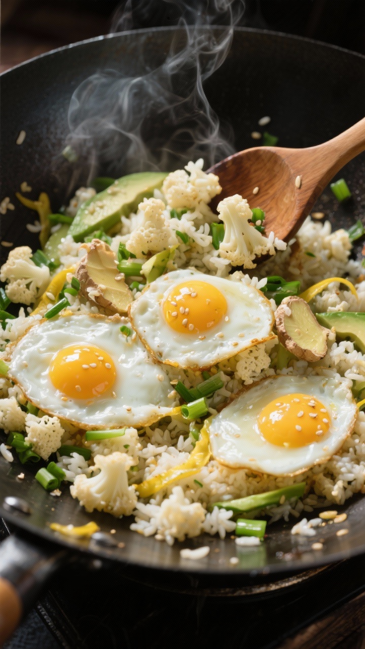 Overhead action shot of cauliflower fried “rice” in a carbon-steel wok: riced cauliflower tossed with avocado oil, ribbons of just-cooked ginger-scallion eggs (3 eggs, whisked), sesame oil sheen, grated fresh ginger and minced garlic visible; steam rising, spatula mid-stir, scattered scallion greens for color; crisp textures emphasized, high-contrast lighting.