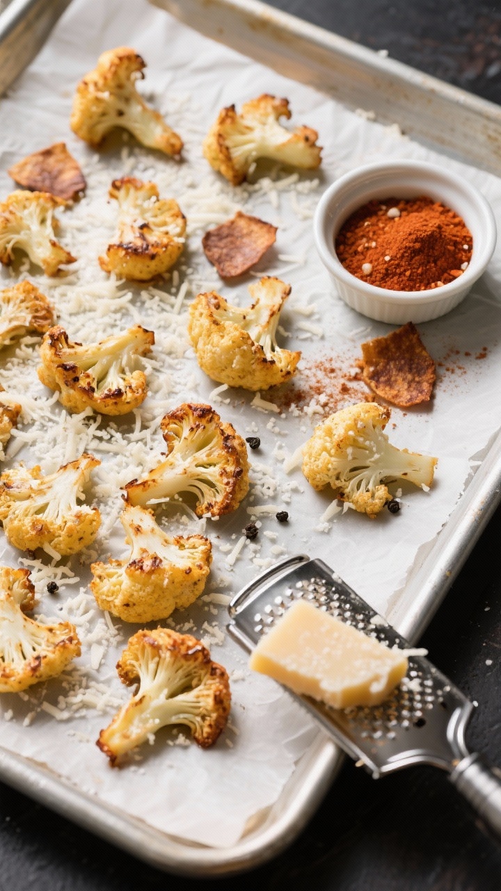Overhead baking-sheet scene of crispy parmesan cauli-bites: small cauliflower florets roasted to a golden, frico-edged crunch, dusted with garlic powder, onion powder, smoked paprika, kosher salt, black pepper, and a generous snowfall of finely grated parmesan; a few browned cheese crisps scattered between florets; parchment-lined sheet with a ramekin of paprika and a microplane with parmesan rind in frame; high-contrast lighting to showcase crisp texture.