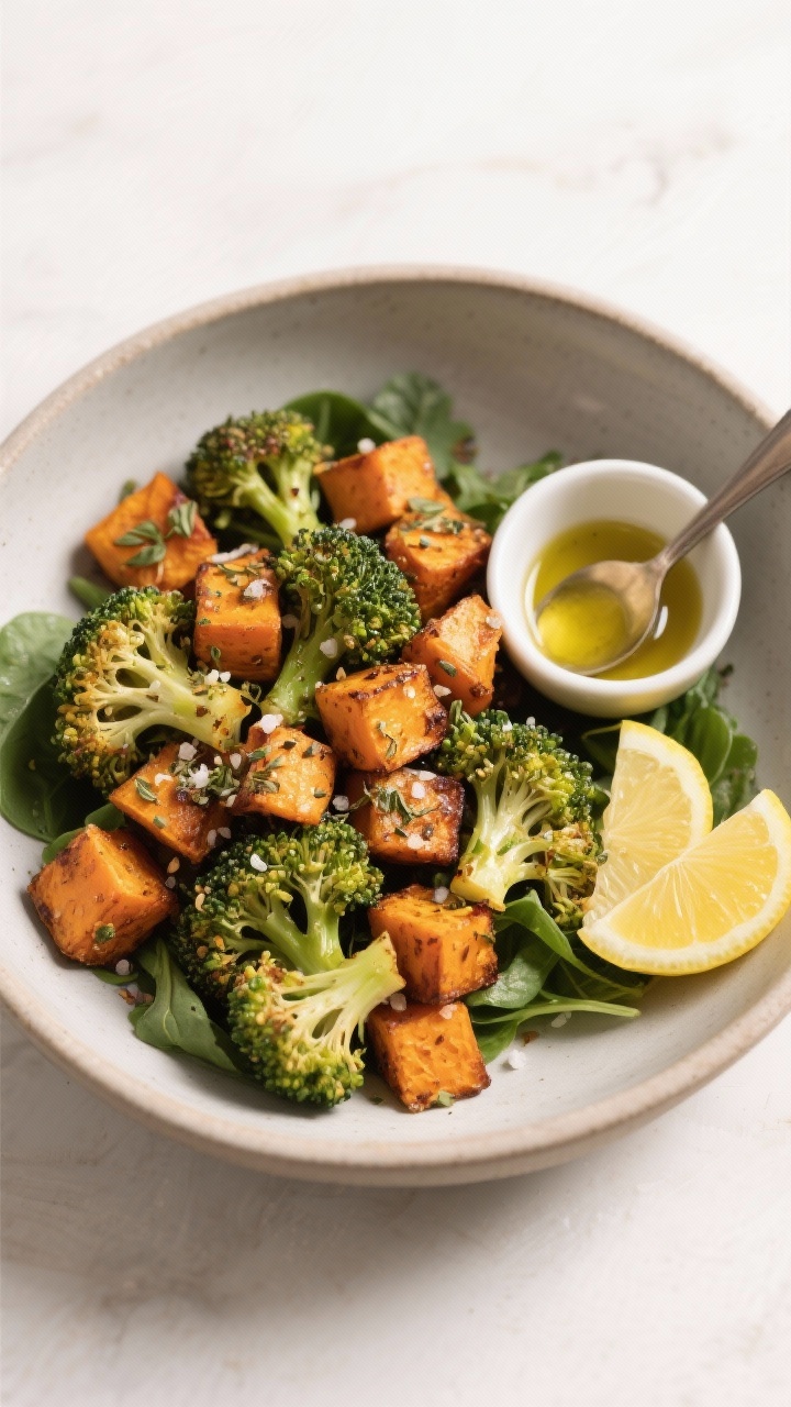 Overhead bowl composition of crispy za’atar broccoli and sweet potato bowls: small broccoli florets and 1-inch sweet potato cubes roasted until crisp and golden, tossed with za’atar and sea salt, nestled over a simple bed of greens; lemon-garlic sauce in a small cup with a spoon for drizzling, lemon wedges on the side; visible olive oil sheen and toasted za’atar herbs, modern neutral ceramics, clean minimal styling.