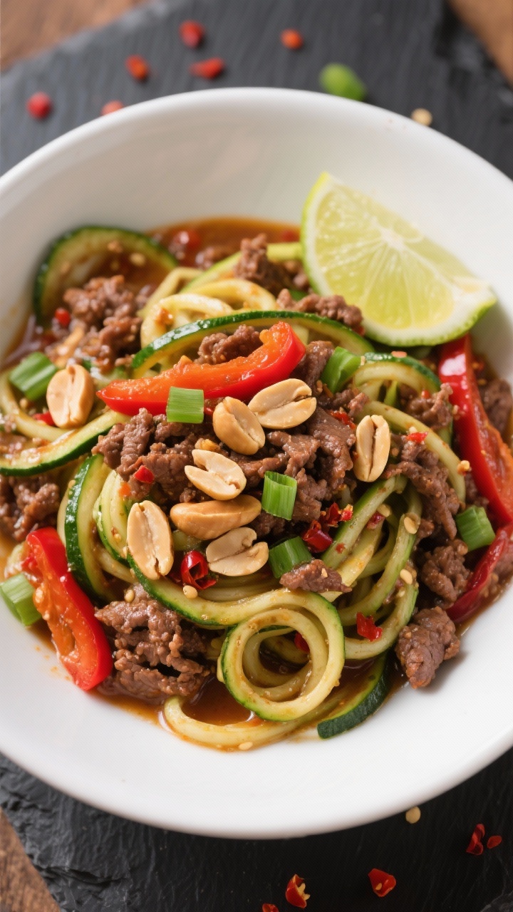 Overhead bowl of spicy beef zucchini noodles: spiralized zucchini tangled with crumbled browned ground beef, thinly sliced red bell pepper, and peanut-lime sauce glossing the strands; topped with chopped roasted peanuts and sliced green onions, lime wedge on the rim; slight chili heat implied with red pepper flakes; presented in a wide white bowl on a dark slate to pop the colors.