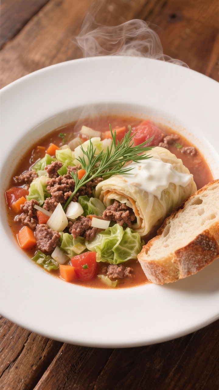 Overhead bowl shot of “unstuffed” roll soup: a hearty broth with crumbles of ground beef, chopped green cabbage, diced onion, minced garlic, diced carrot, and crushed tomatoes in beef broth, enriched with a splash of cream for a rosy, creamy hue; garnished with dill or parsley, with a slice of rustic bread on the side; steam visible, ingredients distinct, served in a wide white bowl on a wooden table.