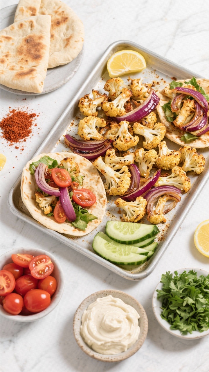 Overhead build-your-own spread for Spiced Cauliflower Shawarma Pita: sheet pan with deeply roasted cauliflower florets and caramelized red onion wedges dusted in warm spices, next to warm pitas, bowls of halved cherry tomatoes, sliced English cucumber, chopped parsley, and a cloudlike dollop of garlicky toum; lemon wedges and sumac sprinkle, clean white background for a fresh Middle Eastern market feel.