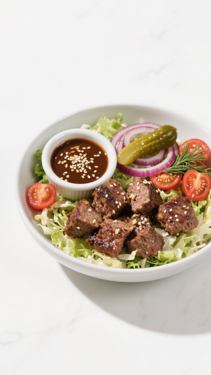 Overhead burger bowl composition: seared 80/20 beef patties broken into juicy chunks with Worcestershire and garlic powder, over shredded romaine/mixed greens; cherry tomatoes halved, dill pickles, thin red onion rings; a ramekin of “special” sauce ready to drizzle; sesame seeds sprinkled for burger vibes; bright, crisp styling on a matte white surface.