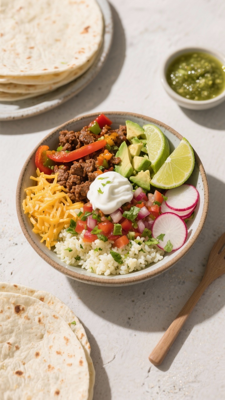 Overhead burrito bowl build: zesty cauliflower “rice” as the base with visible lime zest and cilantro, topped with spiced ground beef or chicken, sautéed peppers and onions, diced avocado, pico de gallo, shredded cheddar, sour cream dollop, and sliced radishes; lime wedges and a small dish of salsa verde on the side, vibrant colors, bright daylight, arranged in a wide ceramic bowl.