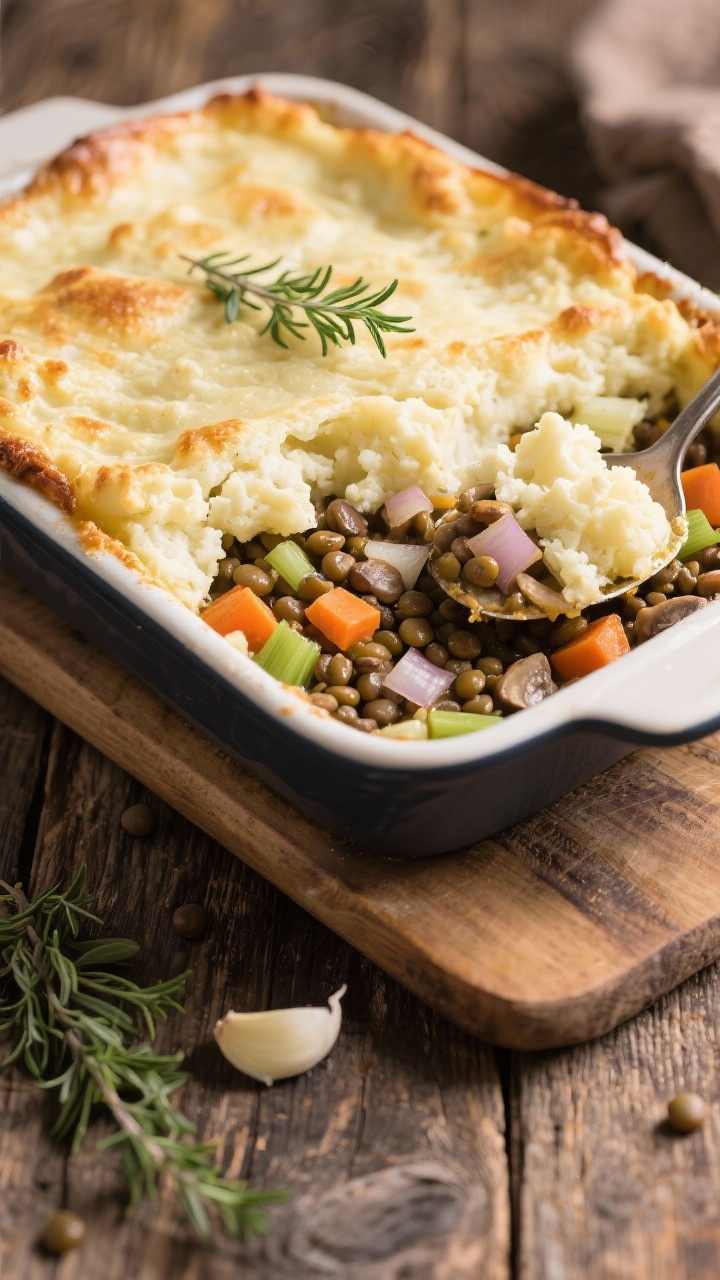 Overhead casserole hero: high-protein shepherd’s pie with a savory base of lentils, diced onion, carrots, celery, chopped mushrooms, and garlic in vegetable broth, topped with a smooth, lightly browned cauliflower mash; one tidy scoop removed to reveal the hearty filling layers; sprinkled with fresh thyme on a rustic wooden table.
