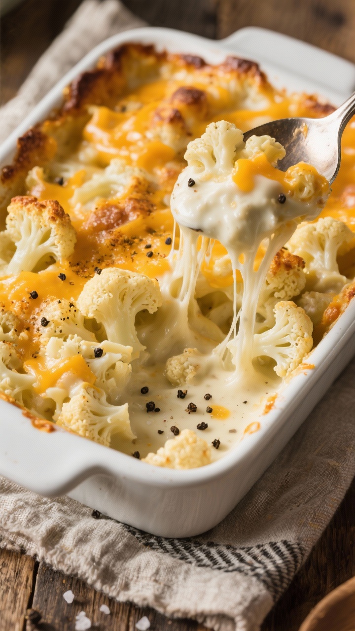 Overhead casserole shot: cheesy cauliflower “mac” bake bubbling in a white gratin dish; small cauliflower florets coated in a creamy heavy-cream and butter sauce with Dijon and garlic powder, topped with a deeply golden cheese crust and browned edges; a serving spoon revealing stretchy cheese pull and sauce-coated florets; scattered black pepper and sea salt, on a rustic linen over wood.