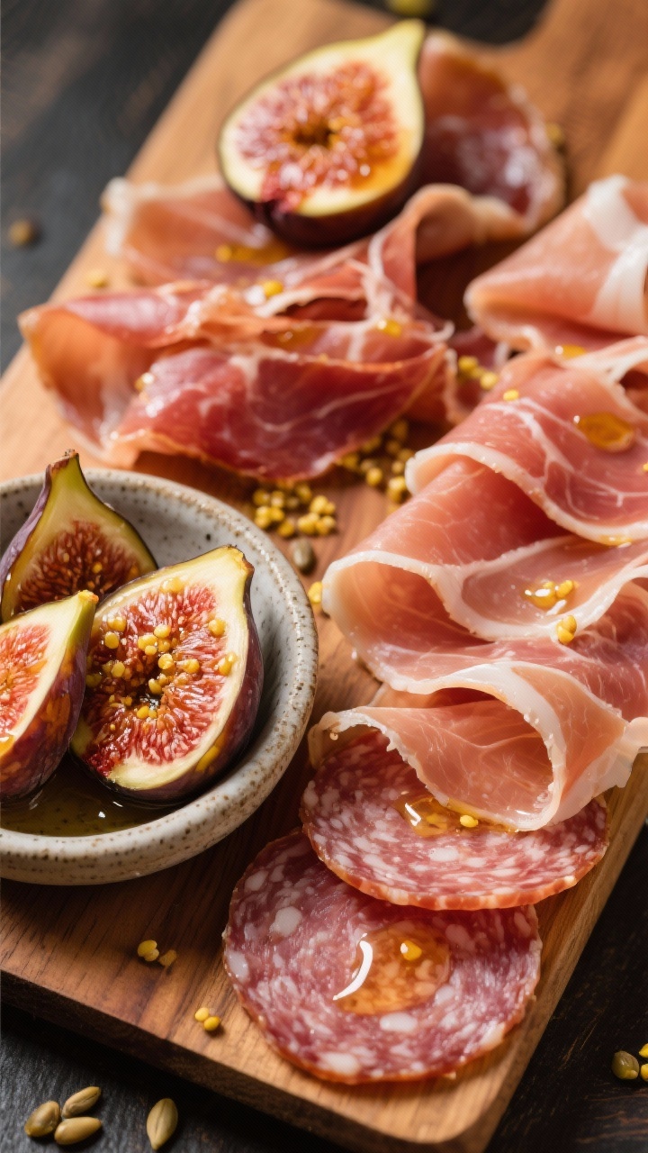 Overhead charcuterie detail shot: Ribbons of silky prosciutto and folded rounds of Genoa salami or soppressata arranged in loose waves, a small stoneware dish of quick mustard figs (dried figs halved and glazed with Dijon, grainy mustard, apple cider vinegar, and a hint of honey) glistening nearby; fig seeds sparkling, mustard flecks visible, warm wood board, minimal garnish to let the cured meats and figs shine; balanced, appetizing color contrast of rosy meats and amber figs.