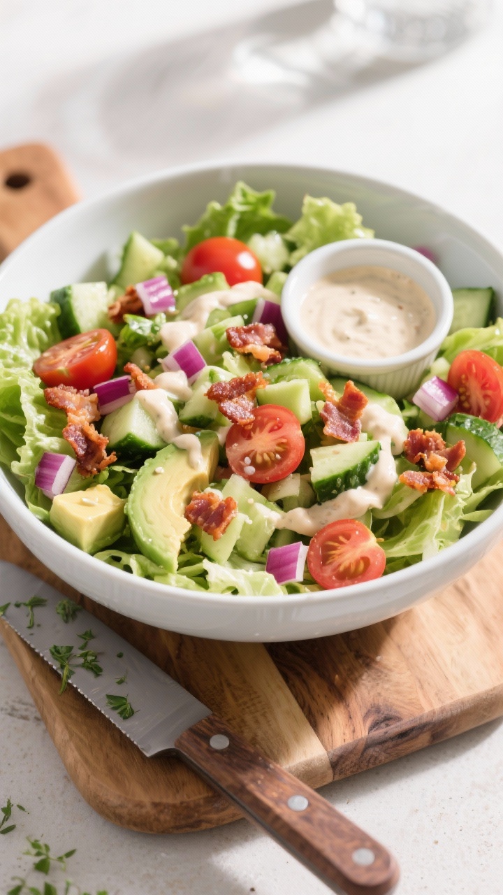 Overhead chopped salad bowl bursting with crunch: chopped romaine as the base, studded with chopped cucumber, halved cherry tomatoes, finely chopped red onion, diced avocado, and crumbled crispy bacon. Drizzle of ranch dressing lightly tossed through, with extra dressing in a ramekin. Place a chef’s knife with a few herb flecks on a wooden board nearby, bright daylight to emphasize fresh textures and color contrast, no people.