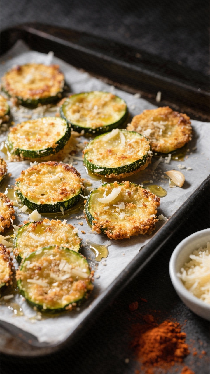 Overhead close-up of golden garlic-Parmesan zucchini crisps fresh from the oven on a dark sheet pan lined with parchment: 1/4-inch zucchini rounds coated in a crunchy mix of finely grated Parmesan, almond flour, garlic powder, and smoked paprika, glistening with olive oil, crisp edges, a small bowl of extra Parmesan and a pinch of paprika beside, minimal props, moody lighting to emphasize texture and cheesy crust, no people.