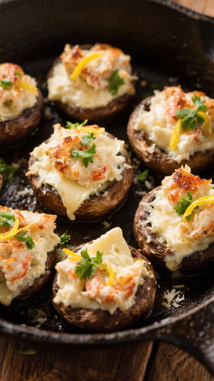 Overhead close-up of hot crab and brie stuffed mushrooms on a cast-iron skillet: cremini caps brimming with a creamy blend of lump crab, brie, cream cheese, and grated Parmesan, tops lightly browned and bubbling; a sprinkle of chopped parsley and lemon zest for brightness; rustic, warm lighting emphasizes the melty, decadent filling.