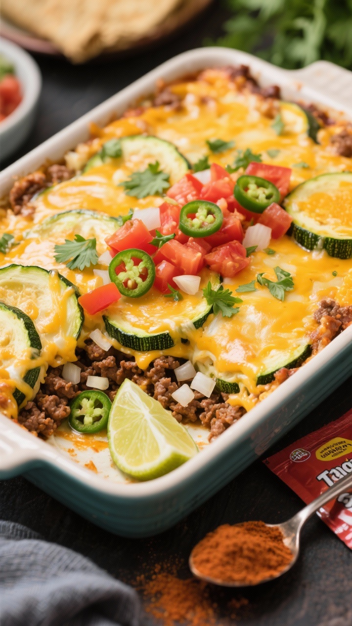 Overhead family-style Cheesy Taco Zucchini Casserole: 1/4-inch zucchini rounds layered with taco-seasoned ground beef, diced onion, minced garlic, jalapeño flecks, melty cheddar and Monterey Jack bubbling; topped with diced tomatoes and cilantro, lime wedges on the side; warm, colorful Tex-Mex presentation in a rectangular baking dish, taco seasoning packet and a spoon of cumin-chili powder visible, lively, inviting mood.