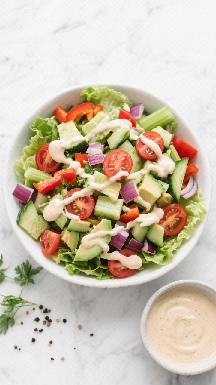 Overhead flat-lay of a big crunch chopped keto salad with zesty ranch: a heaping white ceramic bowl filled with chopped romaine, cucumber, celery, halved cherry tomatoes, diced red bell pepper, finely diced red onion, and diced avocado; drizzled with creamy ranch dressing in a zigzag pattern, extra dressing in a small side bowl; scattered fresh herbs and cracked black pepper for texture; crisp, bright daylight to emphasize color and freshness; minimal props on a light marble surface.
