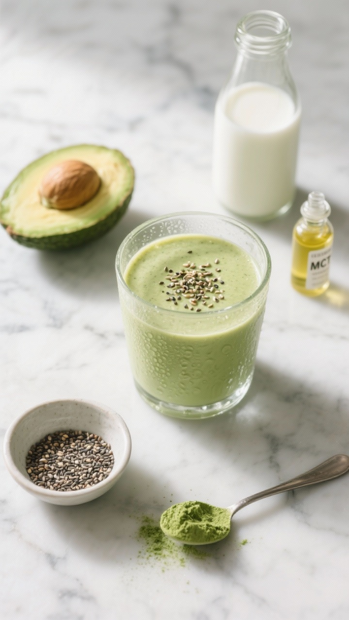 Overhead flat lay of a Creamy Avocado Matcha Morning Lift smoothie in a clear glass with a silky pale green hue, topped with a sprinkle of chia seeds and a light dusting of matcha. Surround with halved ripe avocado, a small bowl of chia seeds, a teaspoon of matcha powder, a glass bottle of unsweetened almond milk, and a small vial of MCT oil on a cool marble surface. Soft morning light, minimal styling, condensation on the glass for freshness.