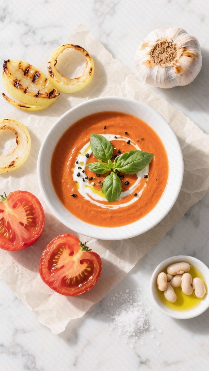 Overhead flat lay of a creamy roasted tomato basil soup in a wide white bowl, silky orange-red with a swirl of olive oil and coconut cream, topped with torn fresh basil and cracked black pepper. Surround with the just-roasted components on a parchment-lined sheet: halved ripe Roma/vine tomatoes blistered at the edges, thick slices of yellow onion, and a whole head of garlic with caramelized exposed cloves; drizzle of extra-virgin olive oil, a pinch of kosher salt nearby, and a small dish of garlicky white beans ready to be stirred in. Bright, sunlit, minimal props, marble surface for a clean Mediterranean vibe.