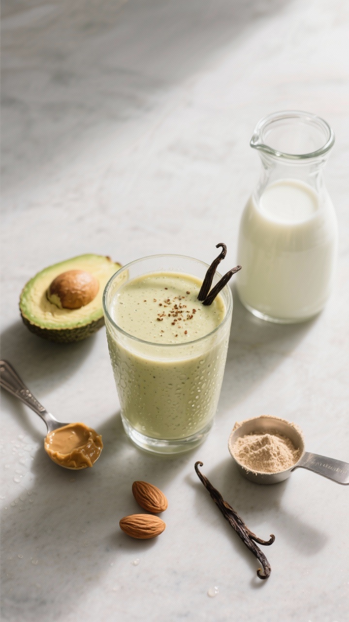 Overhead flat lay of a creamy vanilla keto smoothie in a clear highball glass, thick texture from avocado and almond butter, speckled with vanilla bean paste; beside it, raw ingredients neatly arranged: unsweetened almond milk in a small carafe, half a ripe avocado, a spoonful of almond butter, a scoop of vanilla protein powder in a metal scoop, and a tiny dish of vanilla bean paste. Cool neutral backdrop, soft morning light, minimal props, condensation on the glass for freshness.