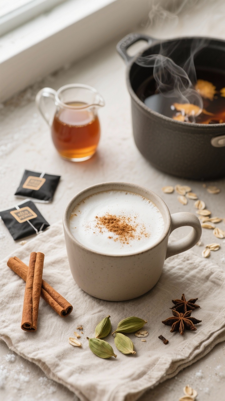 Overhead flat lay of a Velvet Maple Chai Latte in a matte ceramic mug on a linen napkin, creamy oat milk foam dusted with cinnamon, with visible whole spices around: 2 cinnamon sticks, lightly crushed green cardamom pods, whole cloves, and three black tea bags; a small pitcher of maple syrup and a pot of steeped chai beside it, warm neutral tones, soft window light, steam gently rising, cozy winter mood, shallow depth of field.