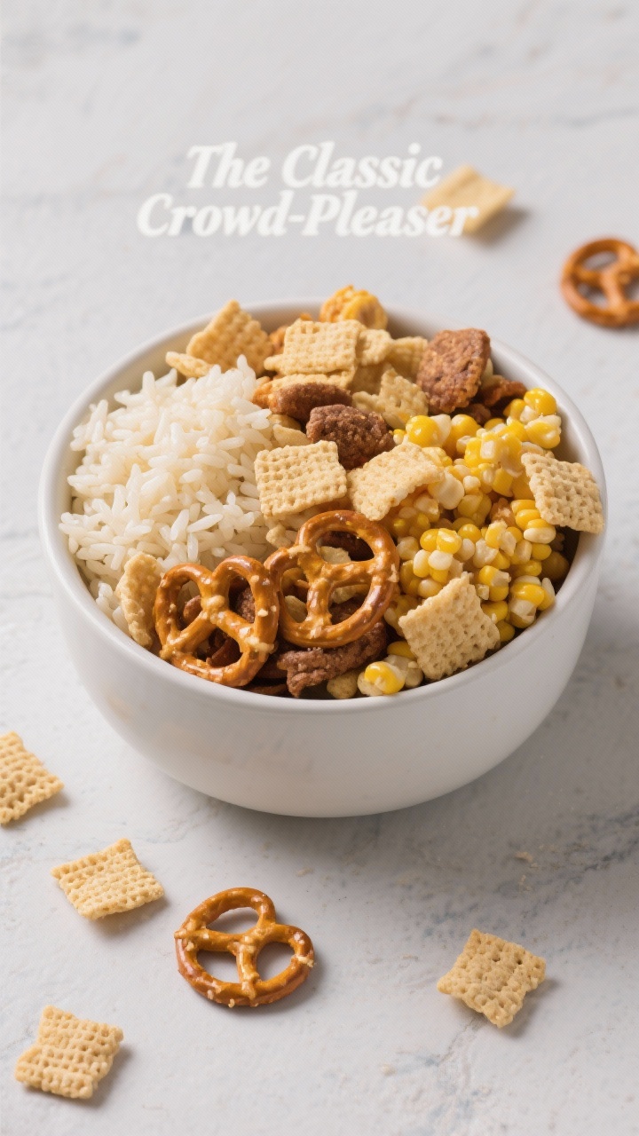 Overhead flat lay of “The Classic Crowd-Pleaser” snack mix in a large matte-white ceramic bowl, overflowing with 4 cups rice Chex, 3 cups corn Chex, 2 cups mini pretzels,