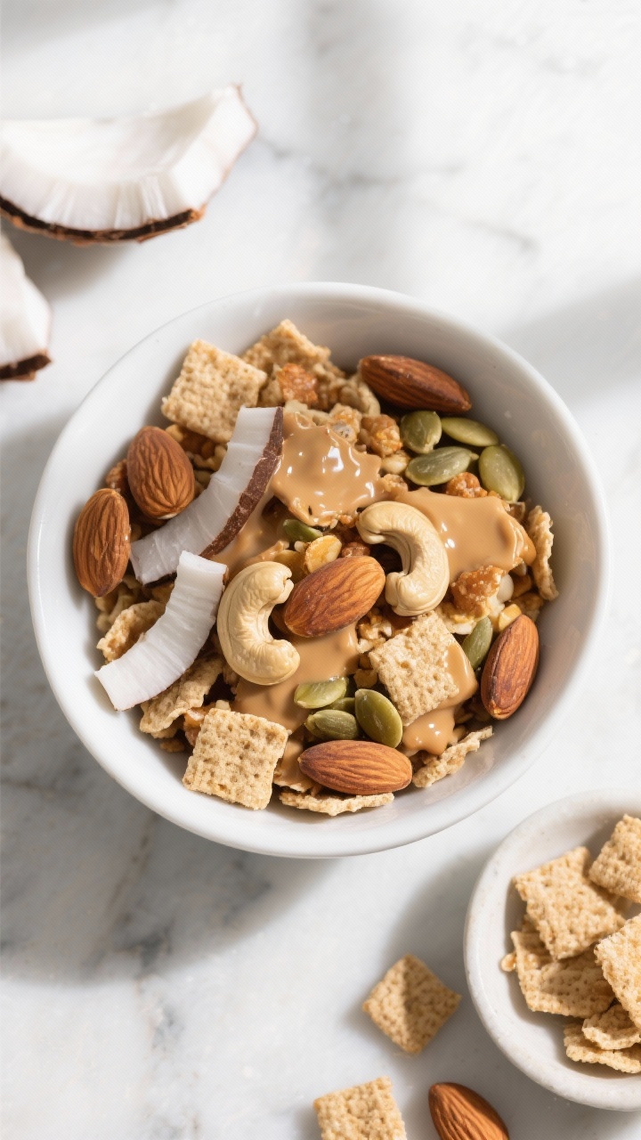 Overhead flat lay of Almond Butter Crunch Mix in a wide white ceramic bowl, styled on a light marble surface: roasted unsalted almonds and cashews, whole-grain square cereal, unsweetened coconut chips, and pumpkin seeds glistening with a light almond-butter drizzle; small side dishes show extra coconut chips and pumpkin seeds, scattered cereal squares for texture, soft natural window light, crisp focus, warm neutral tones emphasizing crunch.