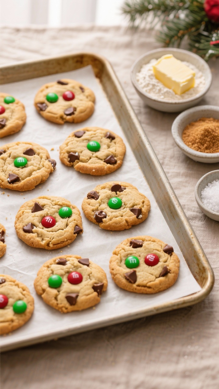 Overhead flat lay of classic bakery-soft Christmas M&M cookies cooling on a parchment-lined sheet pan: golden, slightly thick cookies with visible red and green M&Ms and melty semisweet chocolate chips, crinkly tops, and a soft center. Include small bowls of all-purpose flour, a pat of room-temperature unsalted butter, packed light brown sugar, cornstarch, baking soda, and fine sea salt off to the side for context. Warm holiday styling with a neutral linen, minimal props, soft window light, shallow shadows, no people.