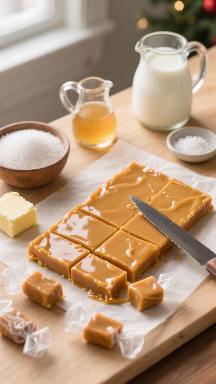 Overhead flat lay of classic butter caramels being cut on parchment: a slab of glossy golden caramel with visible butter sheen, straight-edged cuts with a sharp knife, individual pieces wrapped in translucent wax paper. Surround with key ingredients used: pieces of unsalted butter, a bowl of granulated sugar, a small pitcher of light corn syrup, separate jugs of heavy cream and whole milk, and a pinch dish of fine salt. Warm, nostalgic holiday mood on a light wood surface, soft window light, shallow depth highlighting the chewy texture and slightly tacky surface.