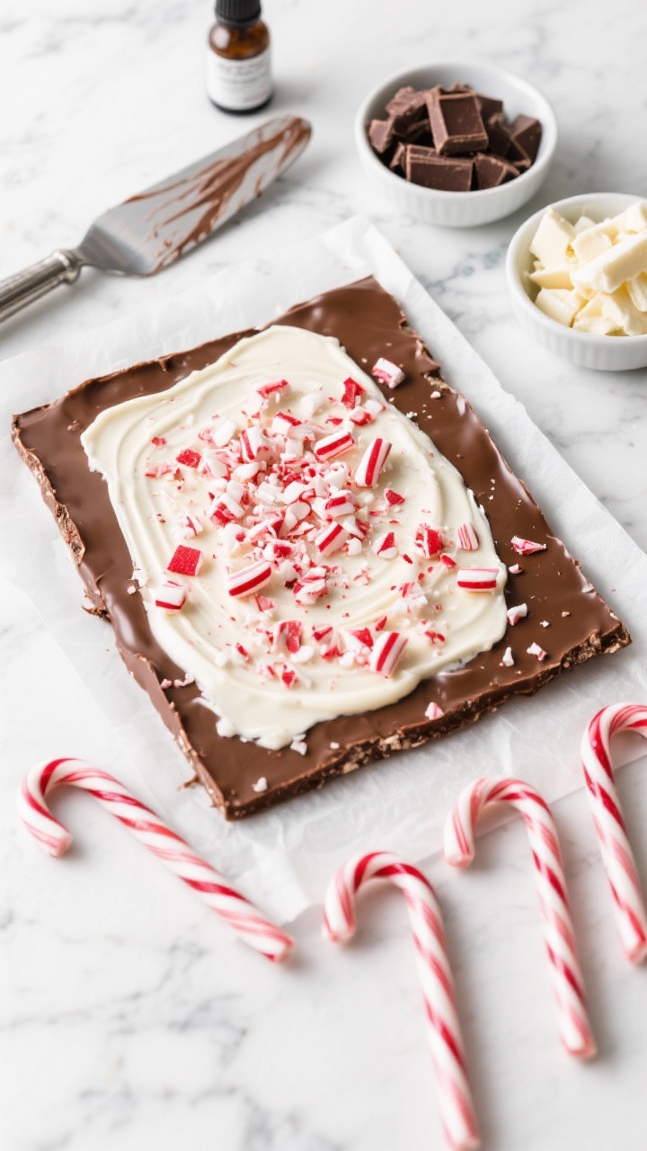 Overhead flat lay of Classic Candy Cane Peppermint Bark setting up on parchment: a glossy layer of semisweet chocolate topped with a thick white chocolate sheet, visible ripples from spreading, sprinkled generously with 3/4 cup crushed candy canes (ruby red and white shards) and a hint of peppermint extract bottle nearby; include chopped semisweet chocolate and chopped white chocolate in small bowls, a metal offset spatula with streaks of chocolate, and 6 intact candy canes on a cool marble surface; bright, crisp lighting to highlight the shine and snap-worthy texture, no people.
