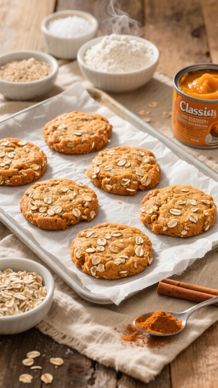 Overhead flat lay of Classic Cozy Pumpkin Spice Breakfast Cookies cooling on a parchment-lined sheet, golden-orange and studded with rolled oats. Surround with small bowls of old-fashioned rolled oats, white whole wheat flour, baking soda and baking powder pinches, fine sea salt, and a heaping spoon of pumpkin pie spice beside an open can of pumpkin purée. Include a cinnamon stick bundle and a warm beige linen on a rustic wooden surface; soft morning light, shallow shadows, crisp texture on cookie tops, steam barely visible.