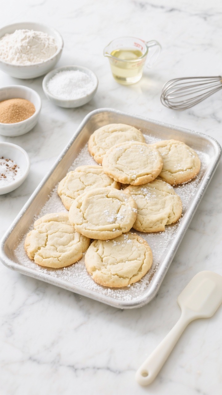 Overhead flat lay of Classic Soft-Baked Sugar Cookies on a cool white marble slab: a tray of pale golden, thick, soft-baked vegan sugar cookies with a fine crackled surface and tender crumb, lightly dusted with powdered sugar for a melt-in-your-mouth look. Surround with small bowls showing the core pantry ingredients used: all-purpose flour, granulated sugar, powdered sugar, baking powder, baking soda, and fine sea salt; a small measuring cup of neutral oil; a whisk and silicone spatula; cool, bright daylight, minimal shadows, clean styling.