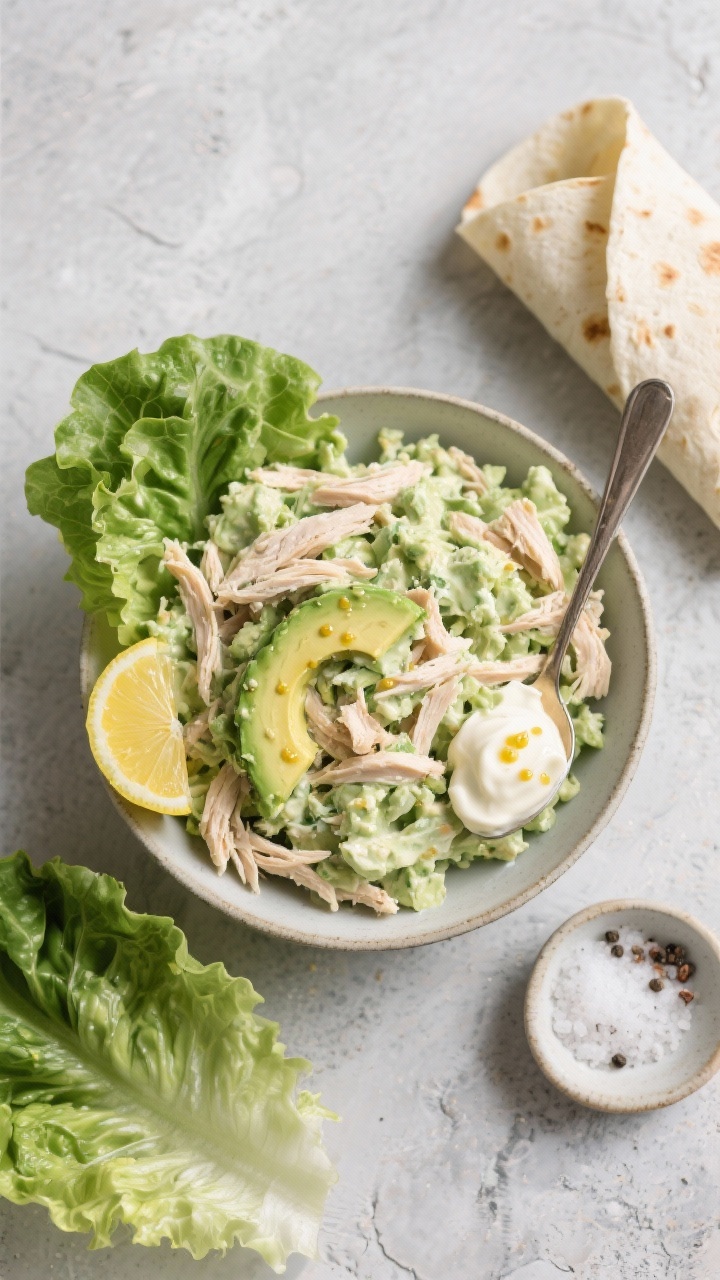 Overhead flat-lay of creamy avocado chicken salad ready to wrap: shredded cooked chicken folded with mashed ripe avocado, a spoonful of mayonnaise, lemon juice, and a hint of Dijon mustard. Present the salad heaped in a bowl with a spoon, flanked by large crisp lettuce leaves for wraps, extra lemon wedges, and a small dish of salt and pepper. Neutral stone surface, fresh and springlike styling, focus on the pale green creaminess and tender chicken strands.
