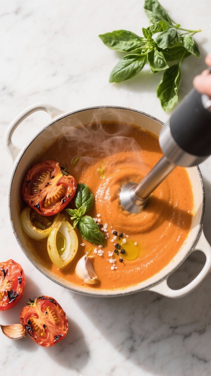 Overhead flat lay of creamy roasted tomato basil soup being blended smooth in a Dutch oven: halved roasted Roma/vine-ripened tomatoes with blistered skins, caramelized sliced yellow onion, squeezed roasted garlic cloves, glossy extra-virgin olive oil drizzle, sea salt and cracked black pepper; ladle, immersion blender, torn fresh basil leaves ready to garnish; warm, sunlit summer mood on a light marble surface, steam visible.