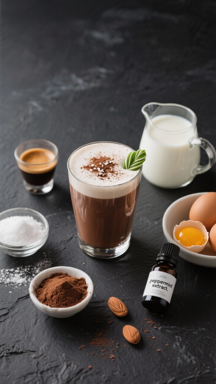 Overhead flat lay of peppermint mocha eggnog ingredients and final glass. Center a clear latte glass filled with chocolate-brown, coffee-kissed eggnog, topped with a light cocoa dusting and a tiny crushed sugar-free peppermint garnish. Surround with a cooled espresso shot in a demitasse, unsweetened almond milk, heavy cream in a mini pitcher, egg yolks in a bowl, powdered keto sweetener, unsweetened cocoa, and a small bottle labeled “peppermint extract.” Dark slate background, crisp modern styling.