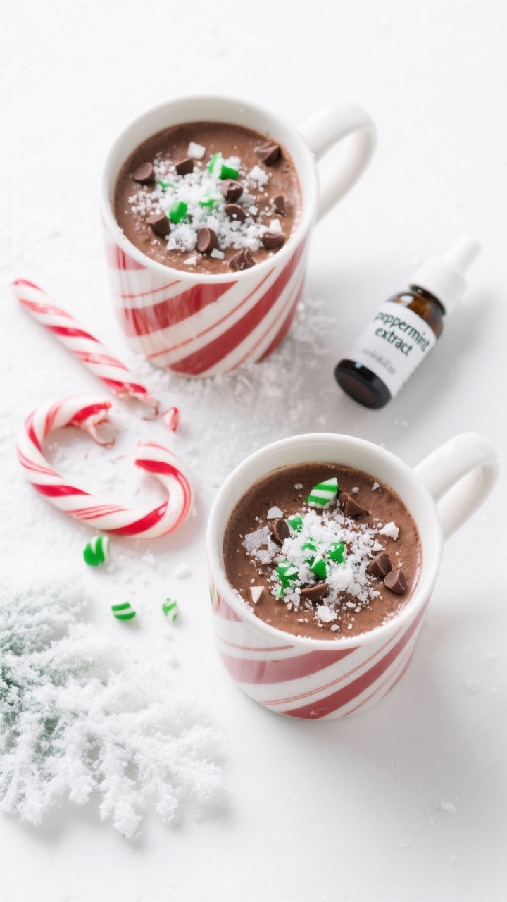 Overhead flat lay of Peppermint Polar Express: two candy-cane striped mugs filled with cocoa base scented with pure peppermint extract, topped with mini chocolate chips and a snowfall of crushed peppermint candies; candy canes broken into shards, a tiny dropper bottle labeled “peppermint extract” nearby, and a cool winter palette with frosty props; clean white background, high-key lighting, sharp texture on peppermint crystals.