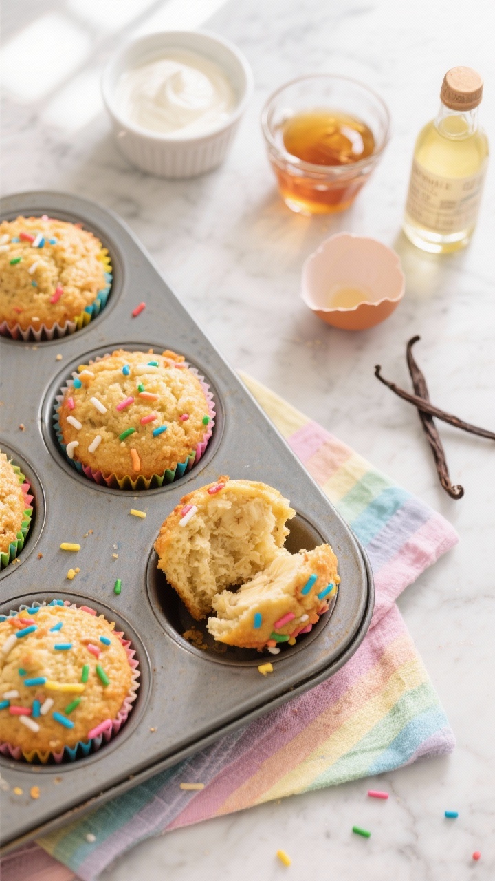 Overhead flat lay of rainbow confetti banana muffins cooling in a tin, golden crumb speckled with colorful sprinkles, showcasing mashed ripe banana texture; props include a small bowl of plain Greek yogurt, a ramekin of maple syrup, melted coconut oil in a glass cup, a cracked egg, and vanilla extract bottle on a light marble surface; one muffin split open to reveal moist interior; bright, playful kids’ vibe with pastel napkin; soft natural window light, professional sharpness, no people.