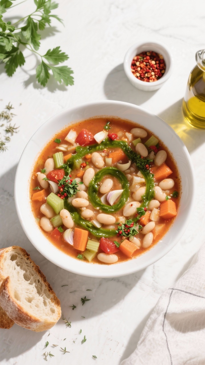 Overhead flat lay of Rustic White Bean Minestrone with Garlicky Herb Swirl in a wide white soup bowl: creamy cannellini beans, diced onion, carrots, celery, and minced garlic in a tomato-kissed broth, flecked with dried oregano, basil, and a pinch of red pepper flakes; a vivid green garlicky herb oil swirl drizzled on top; scattered parsley, crusty bread on the side, a small ramekin of red pepper flakes, and an olive oil bottle; bright, inviting daytime light with crisp shadows, showcasing the hearty textures.