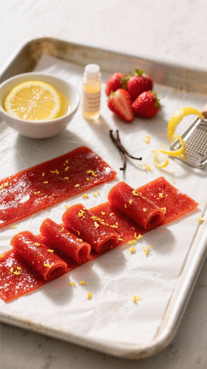 Overhead flat lay of Sun-Kissed Strawberry Lemonade fruit leather being sliced into glossy roll-ups on a parchment-lined baking sheet: vibrant red strawberry puree sheet with a subtle sheen, fine flecks of lemon zest visible, a small bowl of freshly squeezed lemon juice, hulled strawberries, and a tiny vial of vanilla extract off to the side; include a zester with curls of lemon zest, bright, sunlit mood, crisp highlights, no people, professional studio styling.