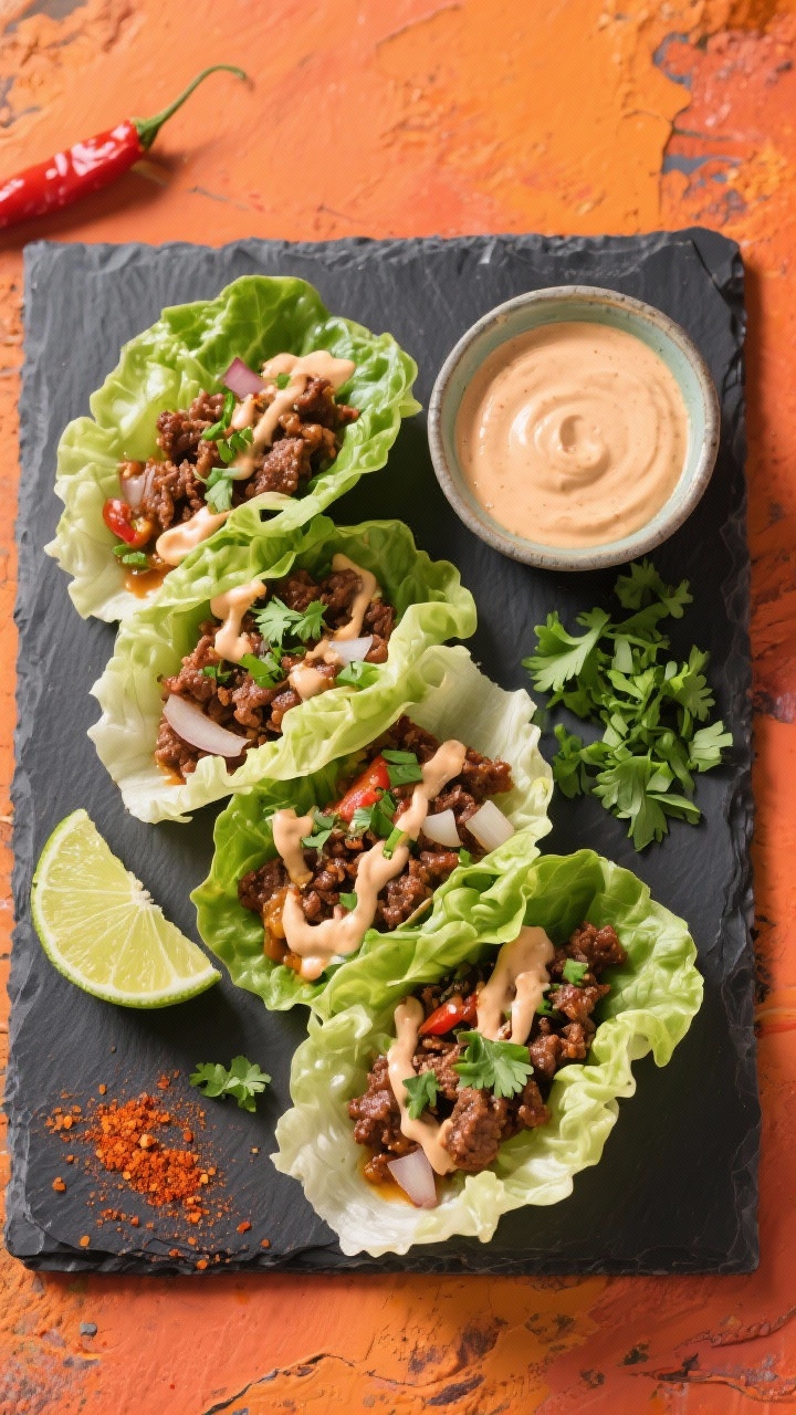 Overhead flat lay of zesty taco beef lettuce wraps: crisp butter lettuce leaves filled with juicy ground beef browned with onion, garlic, chili powder, cumin, smoked paprika, and dried oregano; drizzled with cilantro-lime crema; lime wedges, chopped cilantro, and a small bowl of crema on the side; vibrant, bold colors on a slate board for a fresh, street-food vibe.