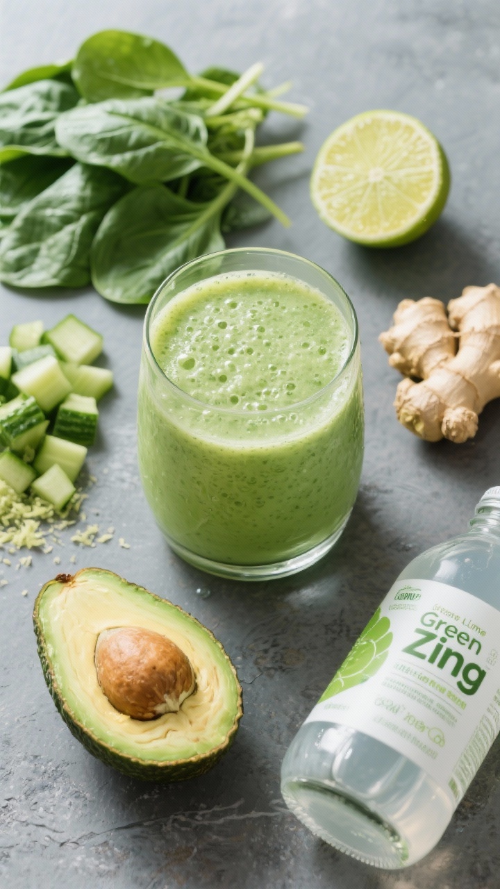 Overhead fresh green ingredient prep for the Ginger-Lime Green Zing Smoothie: neatly arranged half avocado, chopped cucumber, baby spinach leaves, grated fresh ginger mound, a cut lime showing juicy segments, and a bottle of unsweetened coconut water alternative. The finished smoothie sits center in a clear glass, vibrant light green with micro-bubbles. Crisp, spa-like vibe on a cool slate surface.