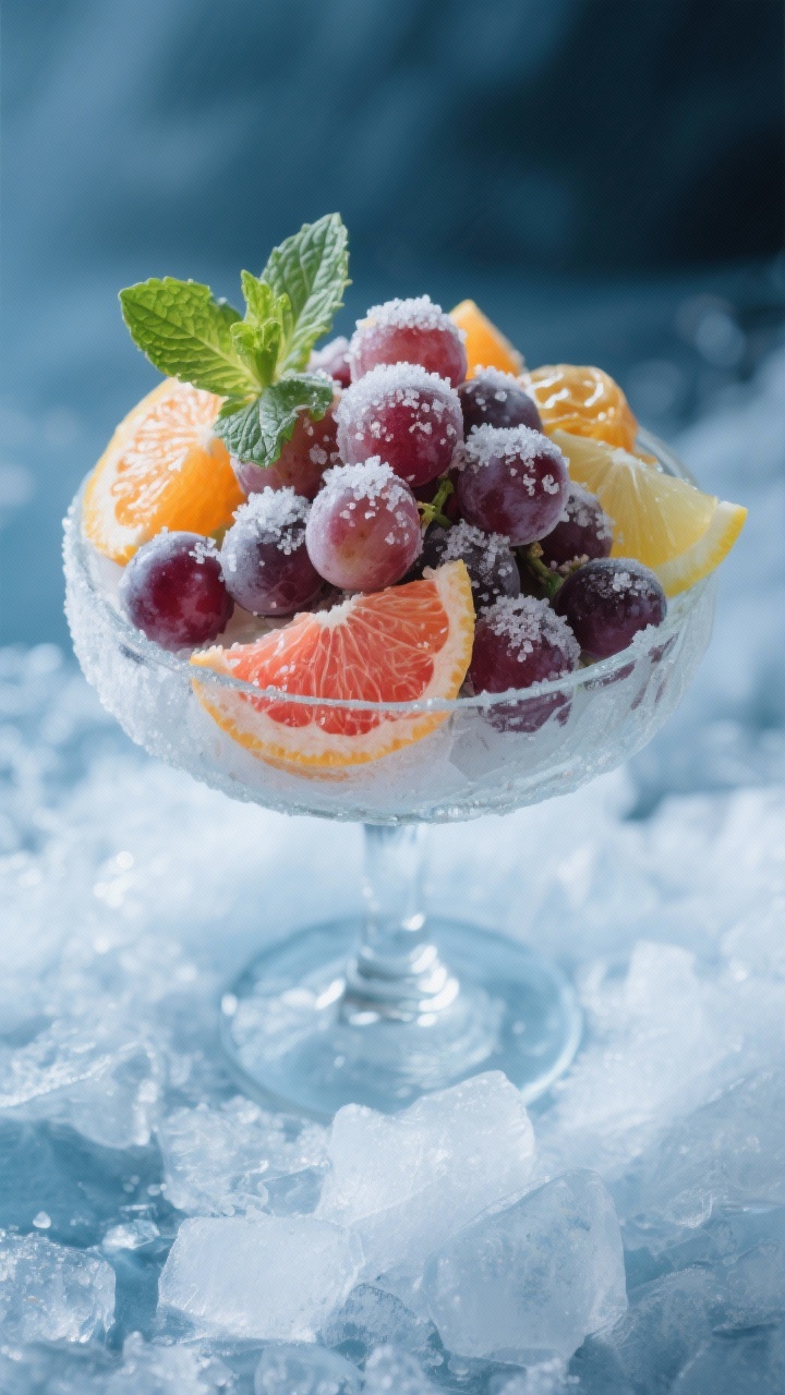 Overhead frosty scene of a frozen grape and citrus sorbet salad: mounded frozen seedless grapes dusted with mint sugar crystals, citrus segments of orange and grapefruit (or blood oranges) tucked between; a quick toss of lemon juice and a hint of honey catching light as micro-ice; presented in a chilled glass coupe on crushed ice, cool blue-toned lighting for an icy, refreshing look.