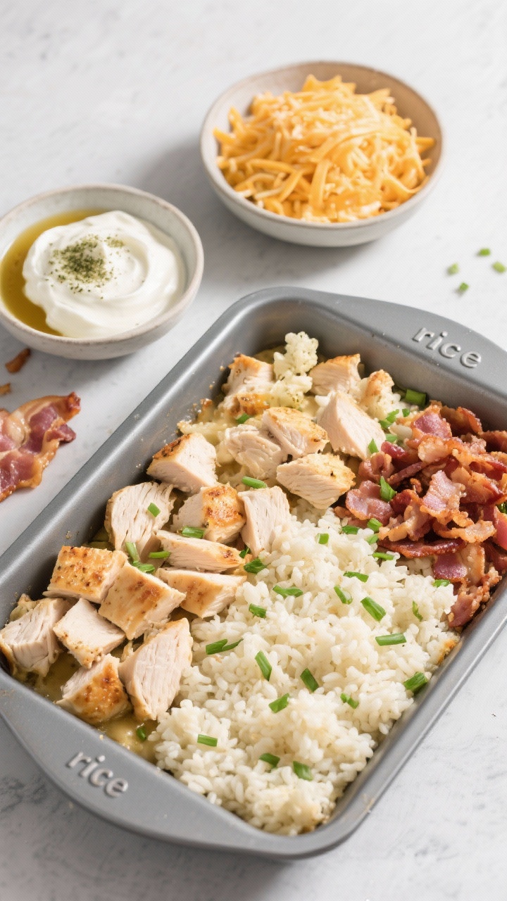 Overhead ingredient-and-assembly flat lay for bacon ranch chicken and “rice” casserole: neat sections of cubed cooked chicken, fluffy cauliflower rice, crispy crumbled bacon with a small dish of reserved bacon fat, sour cream and mayonnaise blended with ranch seasoning in a bowl, shredded cheddar ready to mix; a greased baking dish awaiting assembly, garnished with chopped chives; clean slate background, bright natural light.