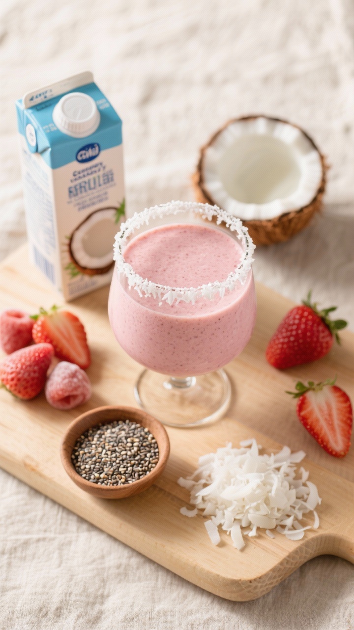 Overhead ingredient-and-finished shot for the Strawberry Coconut Shortcake Sipper: a blush-pink smoothie in a stemless glass, rim lightly coated with unsweetened shredded coconut. Around it, place frozen strawberry halves, a carton of unsweetened coconut milk, an open can with full-fat coconut milk, chia seeds in a pinch bowl, and a small pile of shredded coconut. Warm, summery styling on a pale wood board with faint linen texture.