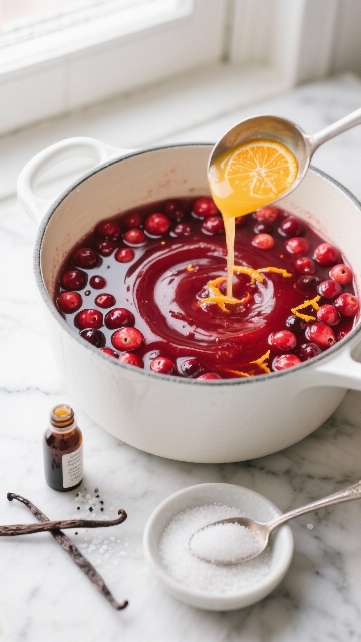 Overhead ingredient-and-process shot: A white enamel saucepan simmering fresh cranberries in a glossy ruby pool with 1/3 cup water and 1/2 cup granulated sugar, flecks of orange zest clinging to the sides, a small dish of extra sugar nearby, a spoon drizzling 3 tbsp fresh orange juice into the pot, vanilla extract bottle and a pinch bowl of salt on a cool marble slab; a swirl pattern beginning to form as the sauce thickens, vibrant reds and bright citrus tones, clean natural window light, no people, pro food styling.