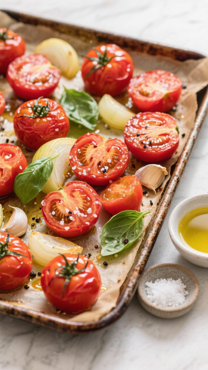Overhead ingredient and roasting prep shot for Roasted Tomato Basil Bisque: a rimmed sheet pan filled with halved ripe Roma and vine tomatoes, quartered yellow onion, and whole peeled garlic cloves glistening with extra-virgin olive oil; sprinkled with sea salt and freshly cracked black pepper, a few torn basil leaves set aside; warm summer light, rustic parchment-lined pan on a weathered baking tray, small bowl of olive oil and a pinch dish of sea salt nearby, emphasizing vibrant red tomatoes, caramelization potential, and simple Mediterranean vibes.