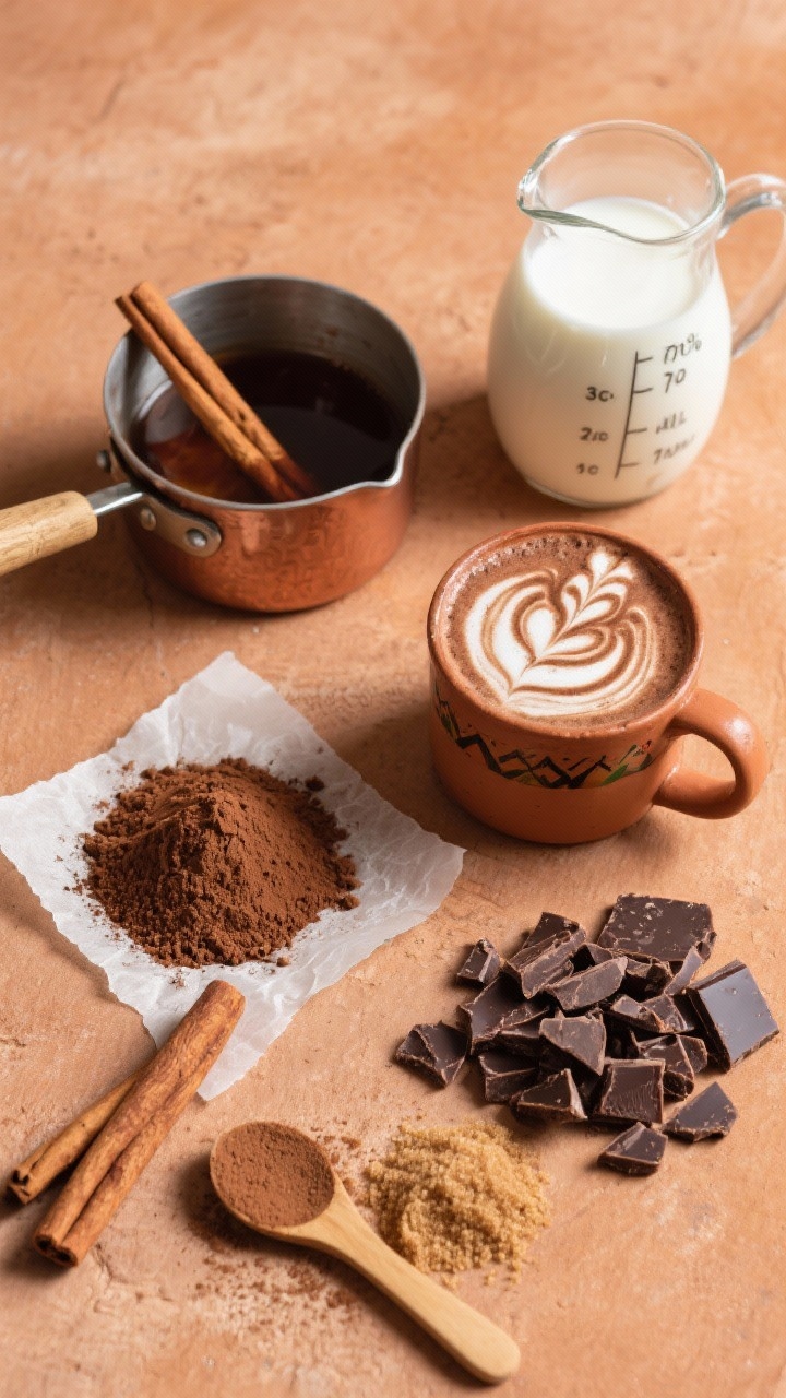 Overhead ingredient flat lay for Mexican-Spiced Cocoa: neatly arranged 2 cinnamon sticks, 2 tablespoons Dutch-process cocoa powder mounded on parchment, 4 ounces chopped 70% dark chocolate, 3 tablespoons brown sugar, a jug labeled 3 cups whole milk (or almond milk), and a small pot of 1 cup water; include a saucepan with cinnamon sticks steeping, a wooden spoon dusted with cocoa, and a finished mug off to the side with a cinnamon swirl on top, rustic Mexican-inspired styling, terra-cotta and warm spice tones