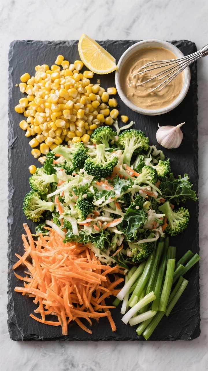 Overhead ingredient prep flat lay for a crunchy corn, broccoli, and kale slaw: tidy piles of corn kernels, finely chopped broccoli florets, finely shredded kale, shredded carrots, and sliced green onions on a dark slate board; a small bowl of tahini, lemon halves, garlic clove, and whisk showing the tahini-lemon drizzle components; crisp, clean styling to highlight texture and crunch