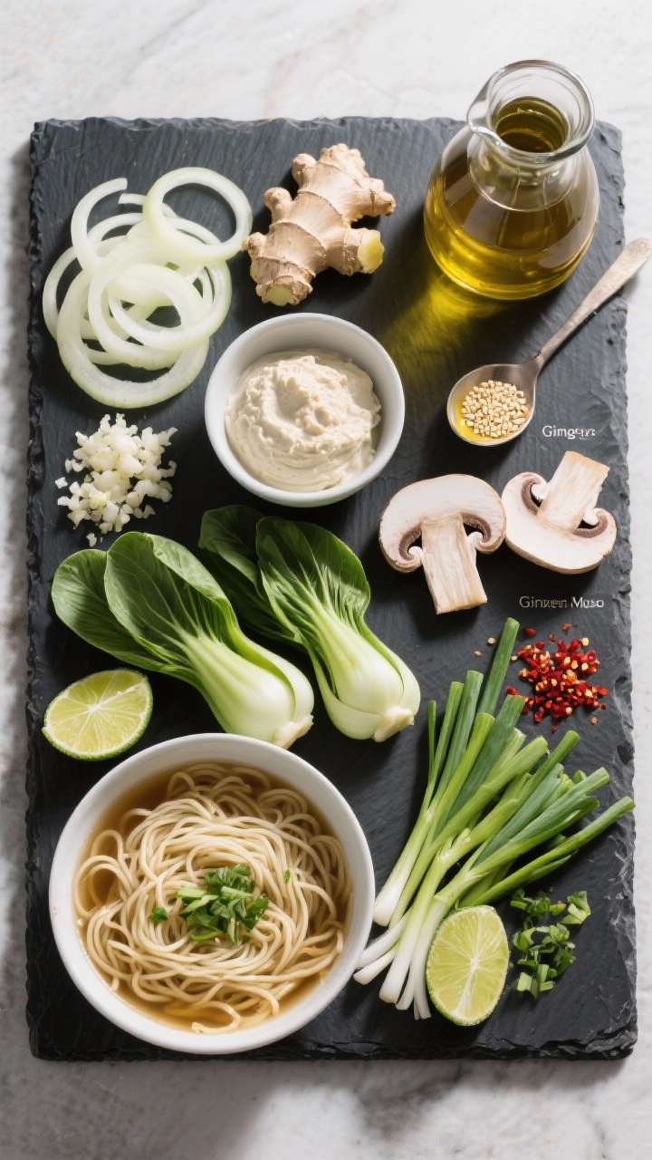 Overhead ingredient-prep flat lay for gingery miso vegetable noodle soup on a dark slate board: thinly sliced onion, grated fresh ginger, minced garlic, sliced mushrooms, baby bok choy and scallions, bundles of cooked noodles, a small bowl of white miso paste, low-sodium vegetable broth in a glass carafe, and a teaspoon of sesame oil (optional). Include lime wedges and red pepper flakes for garnish. Clean, organized composition with labels implied by arrangement; bright directional light to pop the greens and earthy mushrooms, emphasizing Japanese-inspired, craveable freshness.