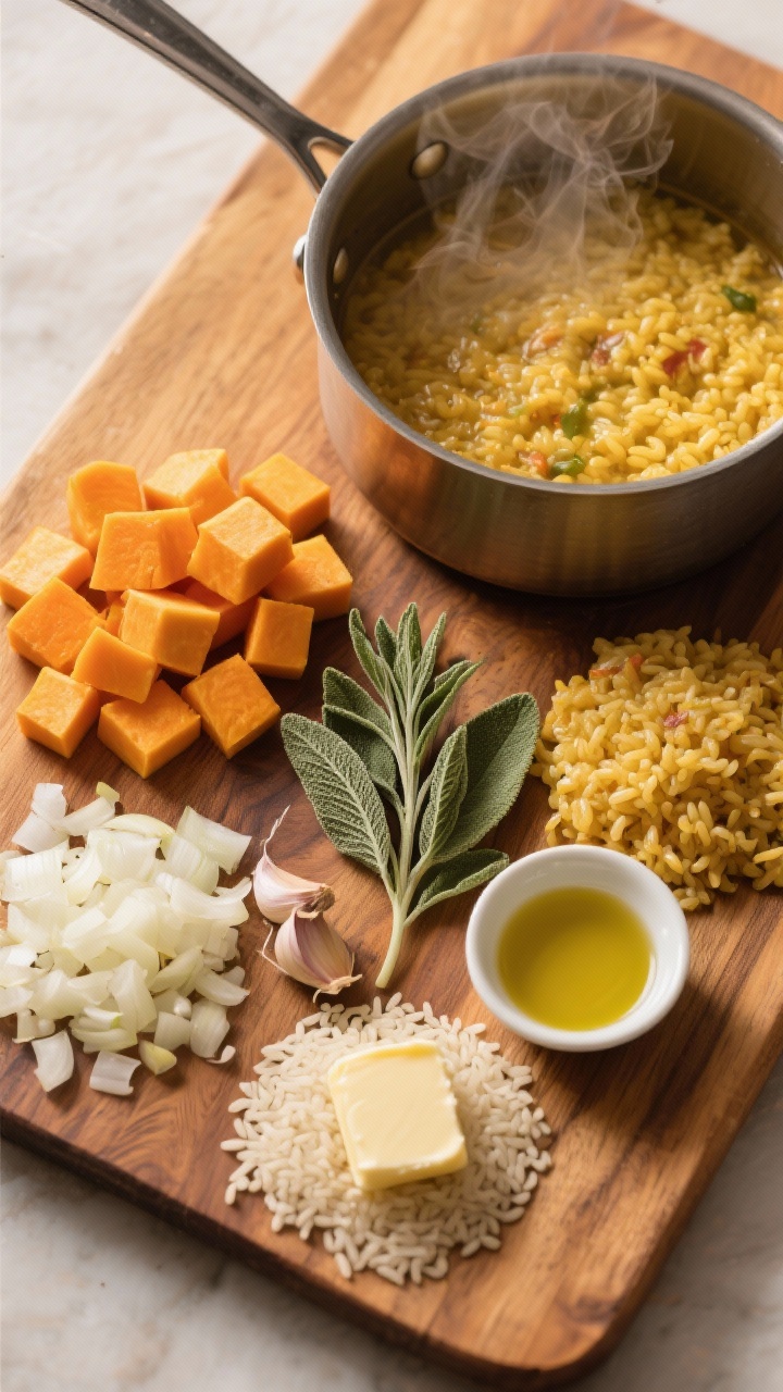 Overhead ingredient-prep flat lay for golden butternut squash risotto: neat piles of 1/2-inch butternut squash cubes, finely chopped onion, minced garlic, Arborio rice, a knob of butter, and a small dish of olive oil; fresh sage leaves centered; a saucepan of vegetable broth steaming slightly; arranged on a warm-toned wooden board to foreshadow a golden, sage-scented risotto.
