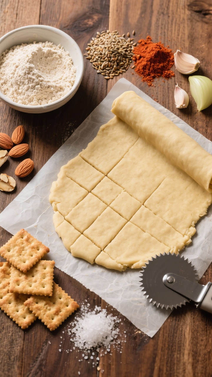 Overhead ingredient prep flat lay for smoky paprika almond crackers: neatly measured piles of fine almond flour, ground flaxseed, smoked paprika, garlic powder, onion powder, and kosher salt around a mixing bowl with a dough scraper. A partially rolled sheet of cracker dough with a pastry wheel cutting straight lines, ready-to-bake squares on parchment. Warm, rustic wood background, clean graphic composition.