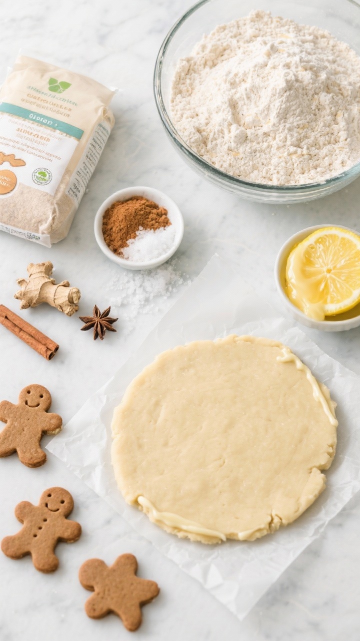 Overhead ingredient-prep flat lay for soft gluten-free gingerbread cut-outs with lemon icing. Arrange a mixing bowl of gluten-free all-purpose flour blend (labeled or clearly bagged) and fine almond flour, plus ground ginger, cinnamon, cloves, fine sea salt, baking soda, and a zested lemon with a small bowl of glossy lemon icing. Include a disk of chilled dough between parchment and a few cut shapes ready to bake. Clean, bright scene with citrussy highlights, cool-toned backdrop, emphasis on gluten-free textures.