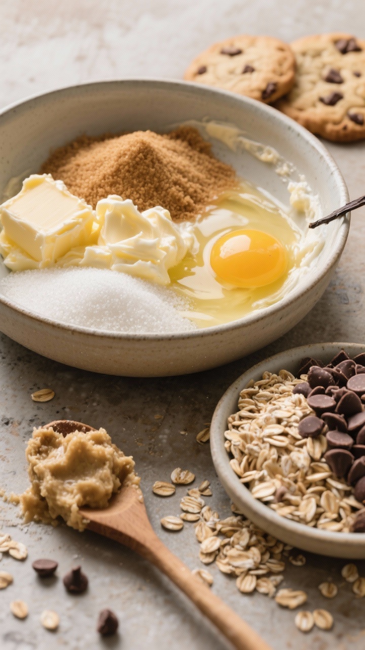 Overhead ingredient-prep scene for one-bowl oatmeal chocolate chip cookies: a mixing bowl with melted and cooled butter, packed light brown sugar and granulated sugar partially creamed, an egg yolk and a splash of vanilla ready to be stirred in, and a generous pile of old-fashioned rolled oats and chocolate chips waiting to fold. Include a wooden spoon with sticky dough clinging, a few oats and chips scattered artfully. Cozy, homey vibe on a rustic countertop; soft morning light, warm tones to suggest chewy comfort.