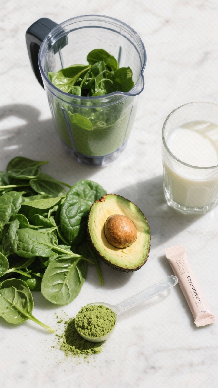 Overhead ingredient prep shot for a Green Goddess avocado matcha smoothie: baby spinach leaves loosely piled, half a ripe avocado with pit, a small mound of ceremonial matcha powder, a scoop of unflavored collagen peptides in a clear scoop, and a glass of unsweetened macadamia milk. A blender jar sits open with some spinach inside, vibrant green palette, natural daylight, crisp styling that suggests calm, focused energy.