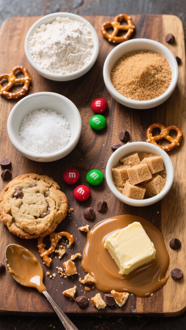 Overhead ingredient-prep shot for salted caramel pretzel M&M cookies: a rustic board with small bowls of all-purpose flour, cornstarch, baking soda, fine sea salt, packed light brown sugar, cubes of room-temperature unsalted butter, and a pool of thick salted caramel sauce. Scatter broken salted pretzel twists, red and green M&Ms, and chocolate chips around, with a spoon dripping caramel. Crisp, bright light to emphasize crunch and gloss; clean composition with negative space for a professional look.